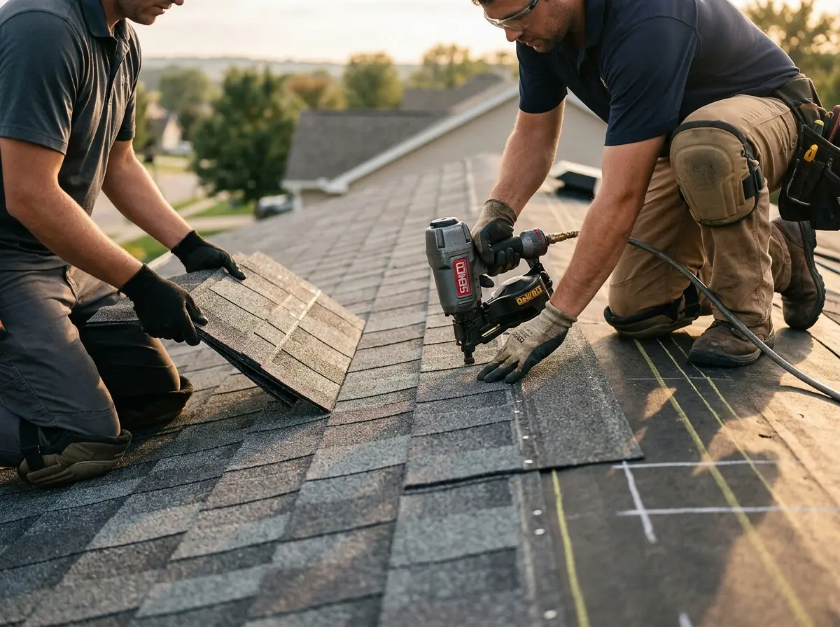 Professional roofer working on a residential roof in Mira Monte
